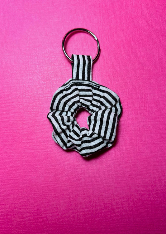 Mini Scrunchie Keychain Bag Charm Black & White Stripes