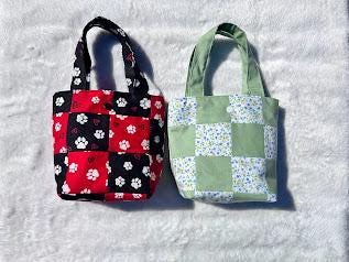 Mini Tote Bag Patchwork Green and Vintage Floral Fabric