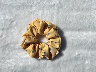 Vintage Yellow Floral Scrunchie with Blue Flowers