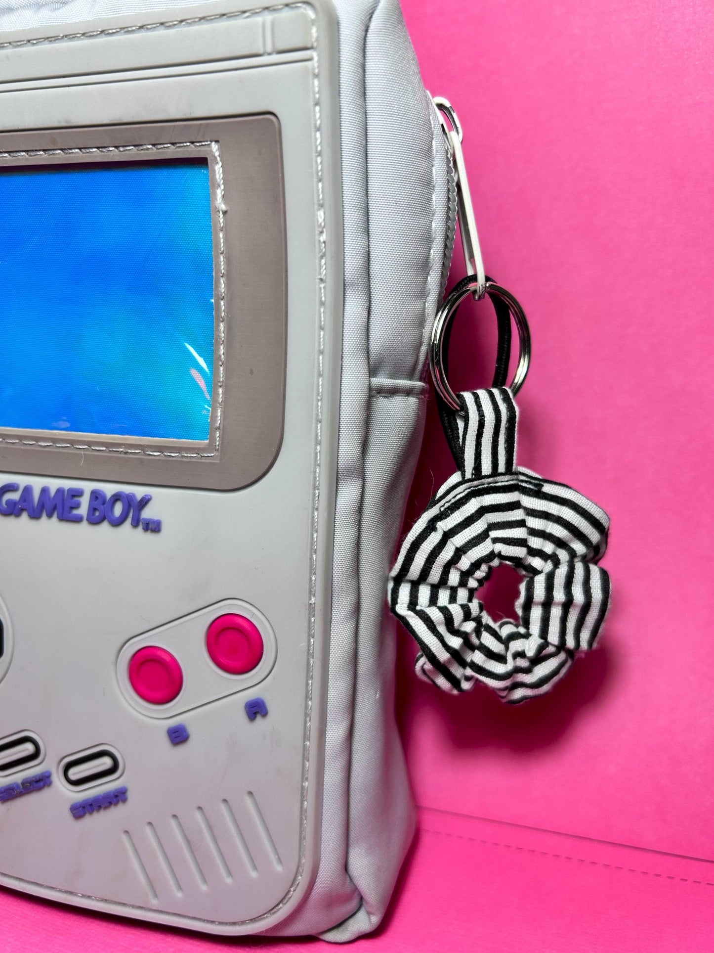 Mini Scrunchie Keychain Bag Charm Black & White Stripes