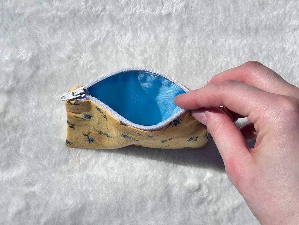 Zipper Keychain Wallet Vintage Yellow Floral with Blue Flowers