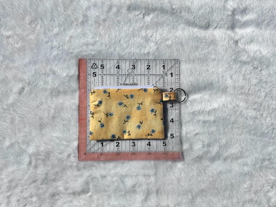 Zipper Keychain Wallet Vintage Yellow Floral with Blue Flowers
