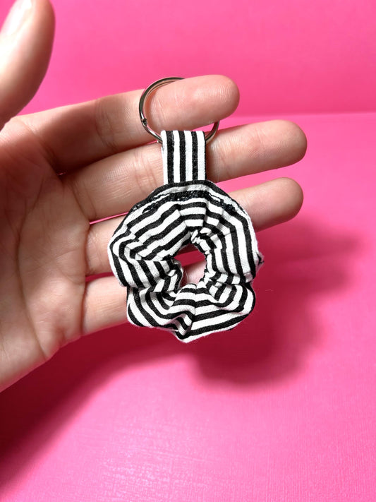 Mini Scrunchie Keychain Bag Charm Black & White Stripes