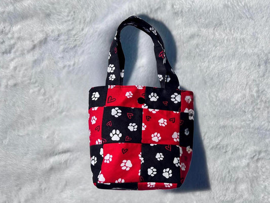 Patchwork Mini Tote Bag Black & Red Paw Print
