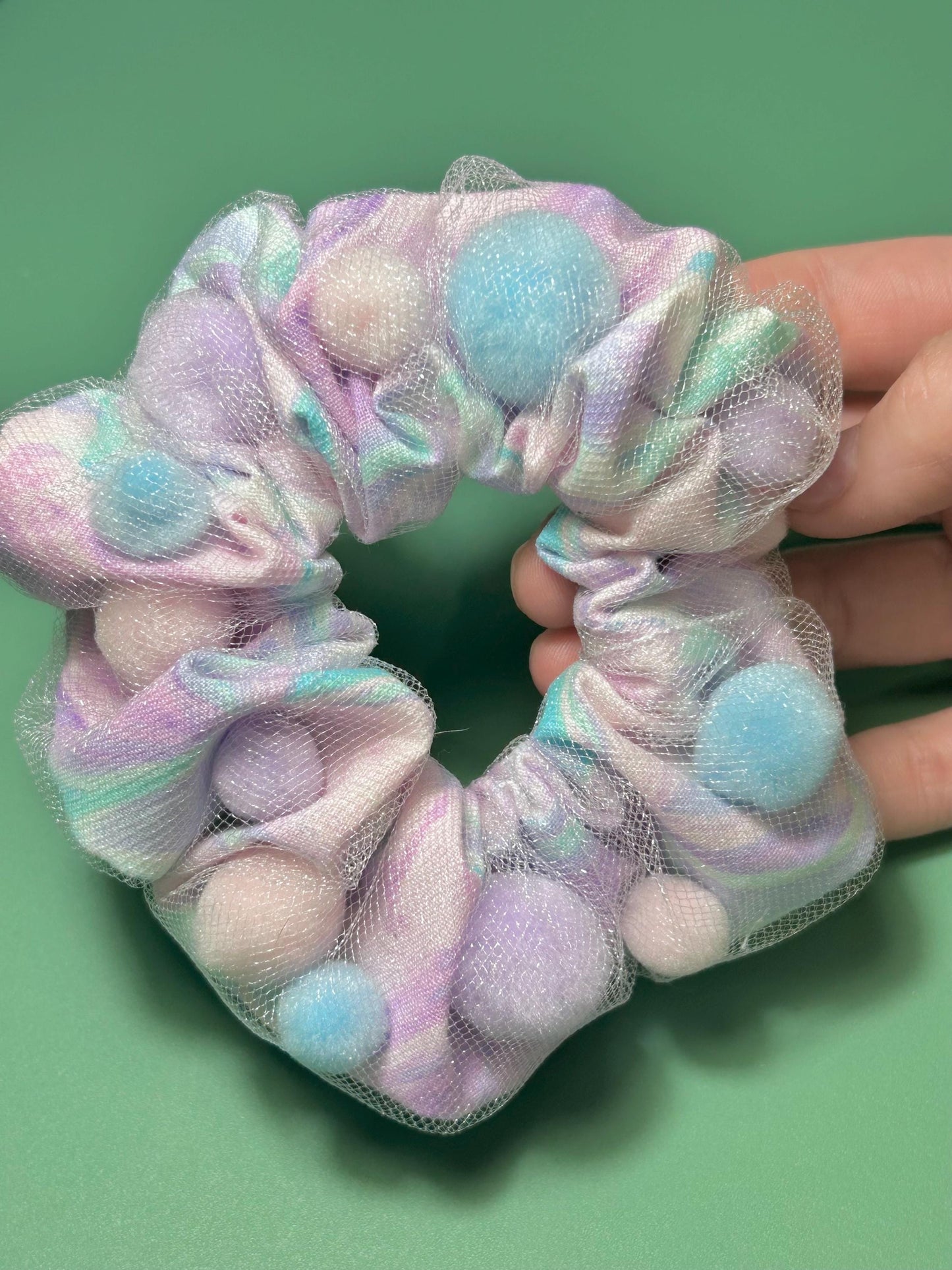 Mesh Pom Pom Scrunchie Purple Swirl