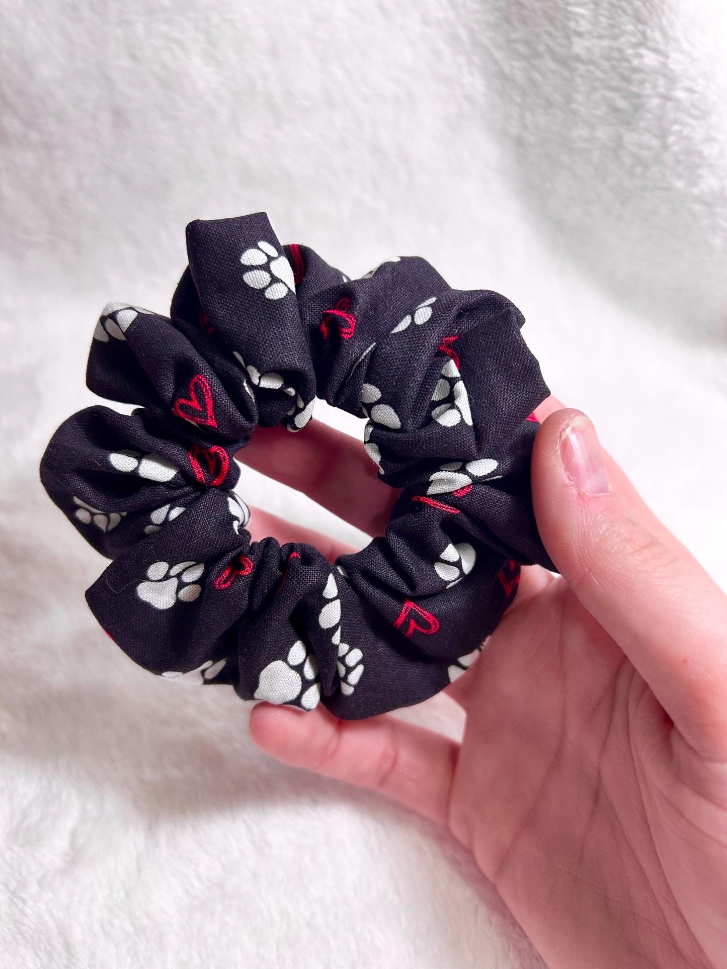 Black Paw Print Scrunchie with Hearts
