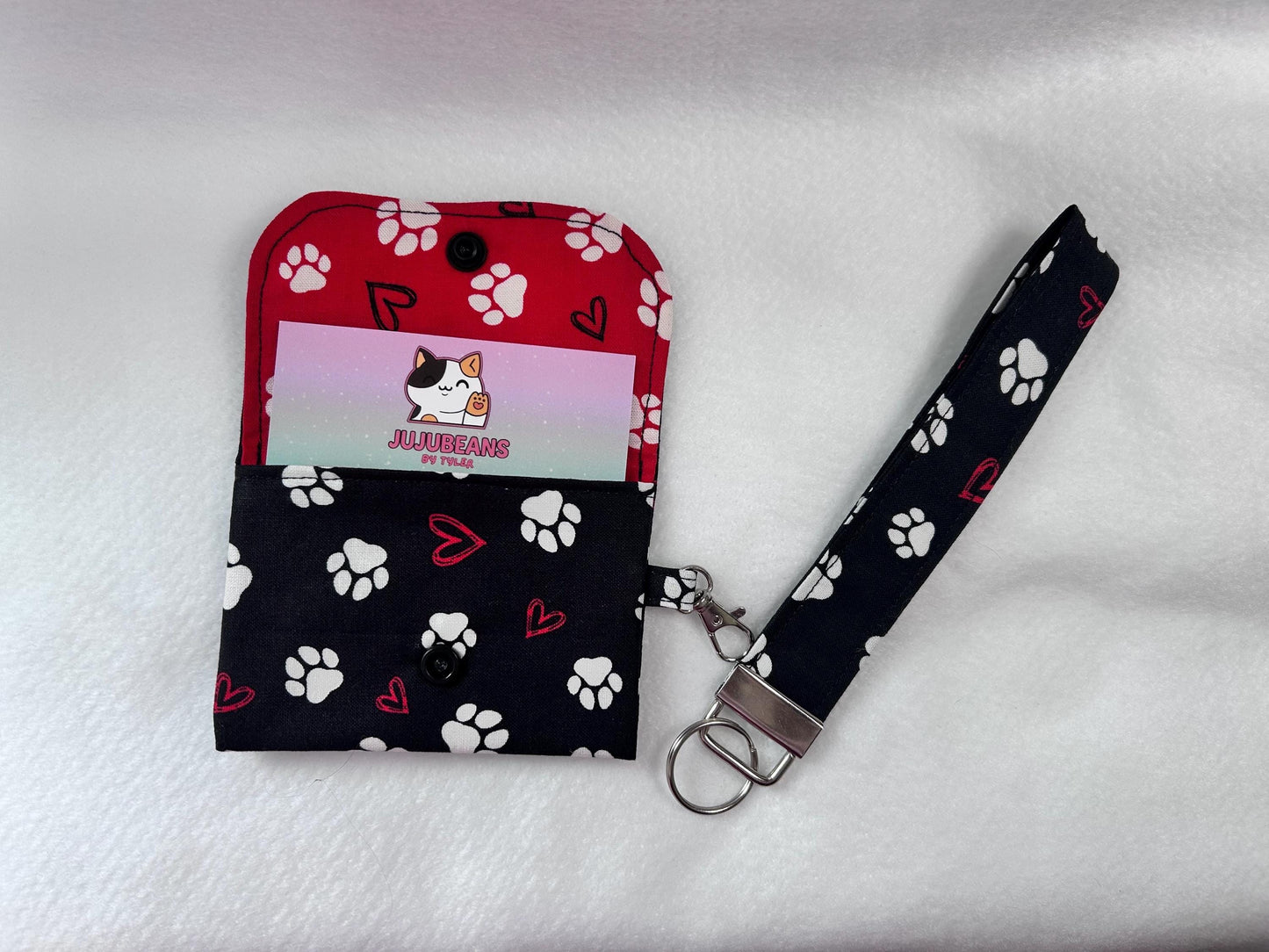 Keychain Wallet Button Snap Black Paw Print Card Holder