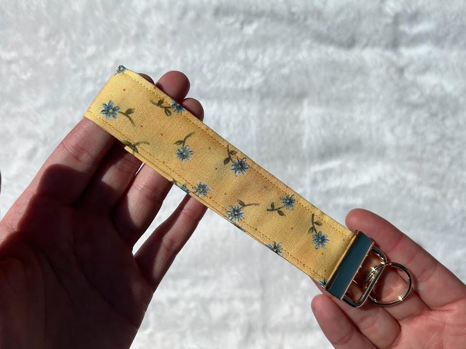 Wristlet Keychain Vintage Yellow Floral with Blue Flowers