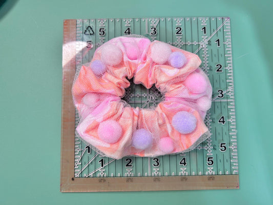 Mesh Pompom Scrunchie Orange Swirl