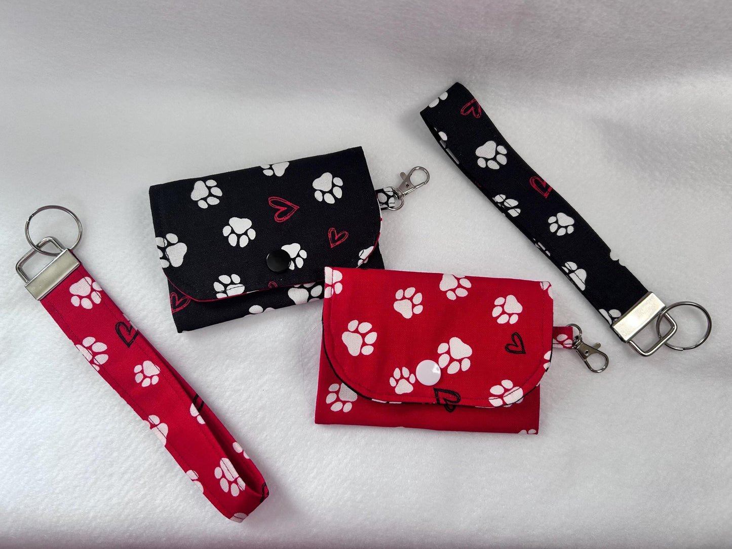 Keychain Wallet Button Snap Red Paw Print Card Holder