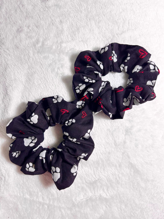Black Paw Print Scrunchie with Hearts