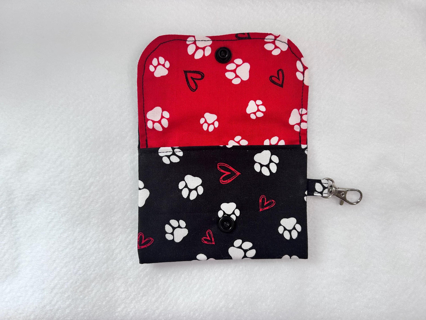 Keychain Wallet Button Snap Black Paw Print Card Holder