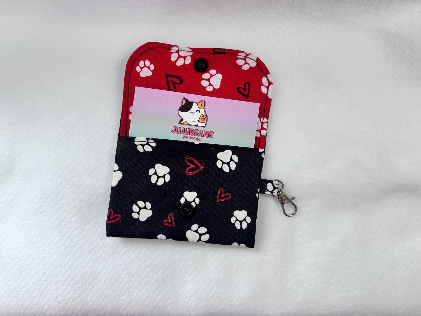 Keychain Wallet Button Snap Black Paw Print Card Holder
