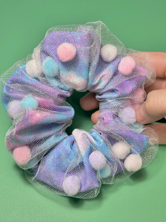 Mesh Pom Pom Scrunchie Purple Galaxy