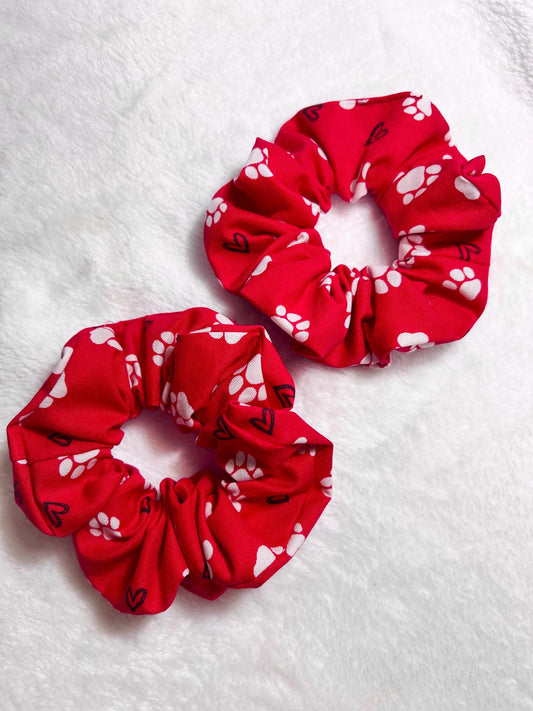 Red Paw Print Scrunchie with Hearts