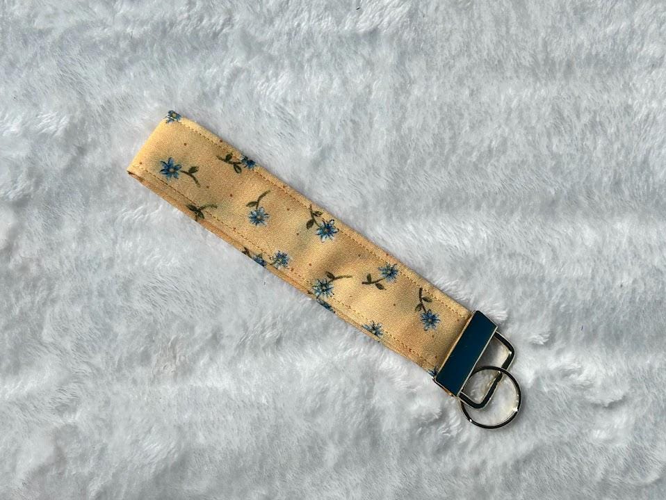 Wristlet Keychain Vintage Yellow Floral with Blue Flowers