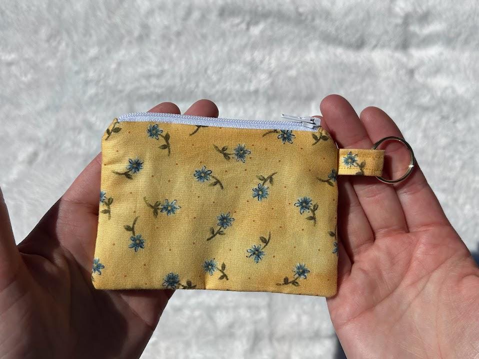 Zipper Keychain Wallet Vintage Yellow Floral with Blue Flowers