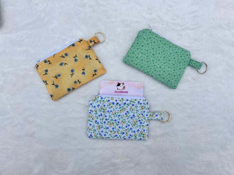 Zipper Keychain Wallet Vintage Yellow Floral with Blue Flowers