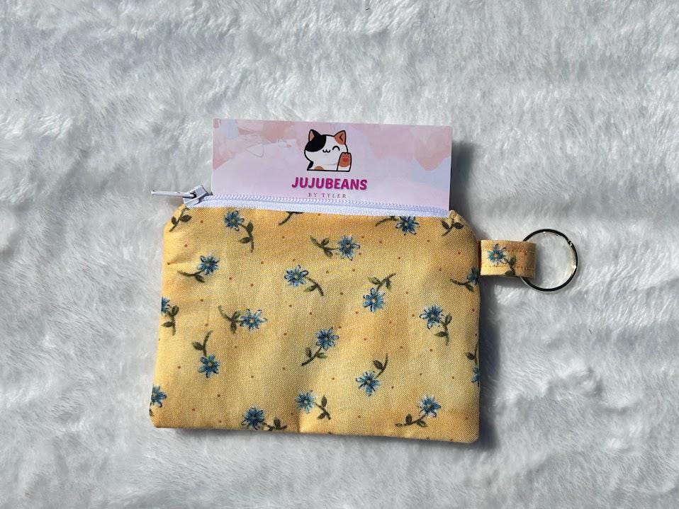 Zipper Keychain Wallet Vintage Yellow Floral with Blue Flowers