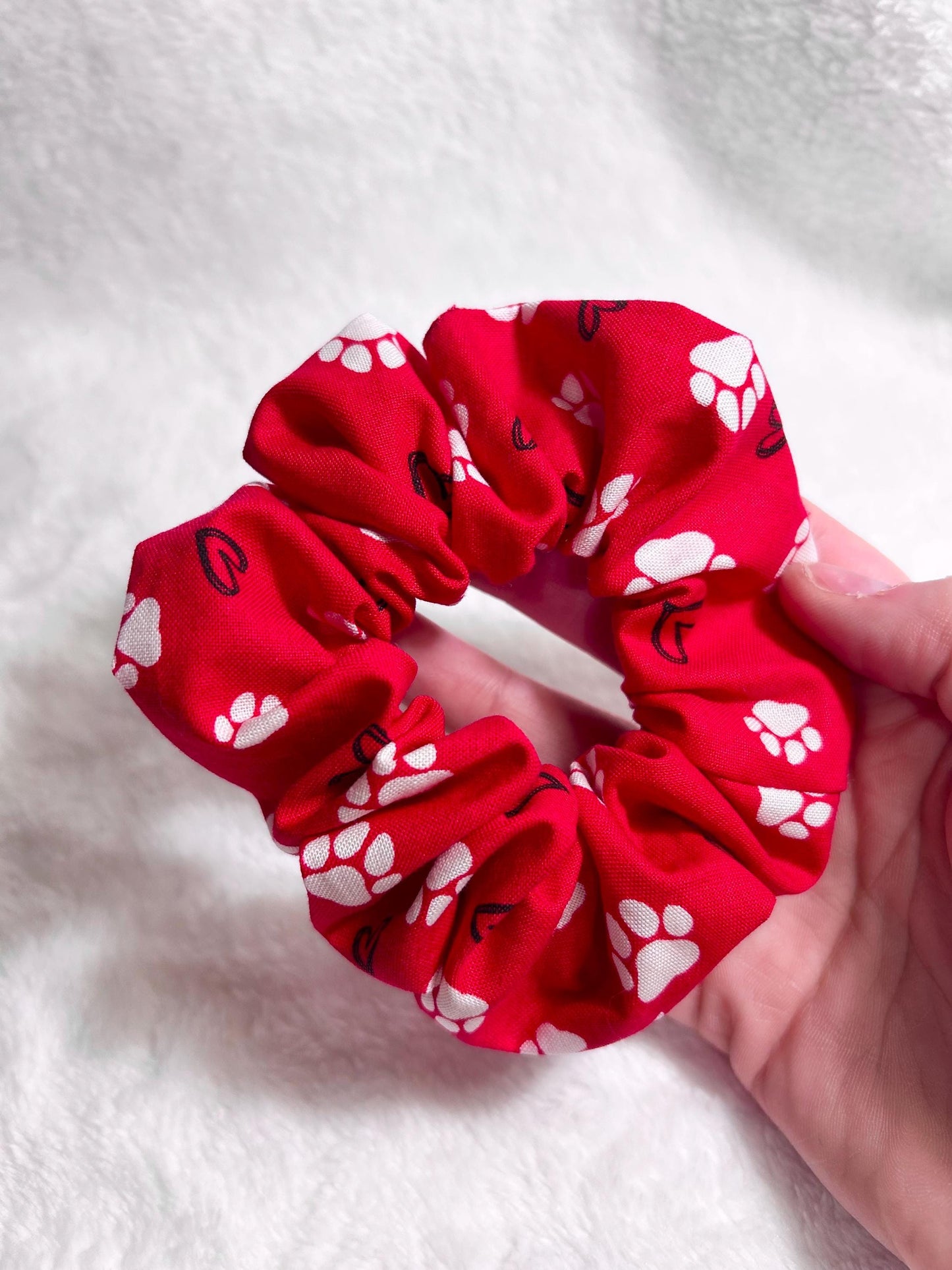 Red Paw Print Scrunchie with Hearts
