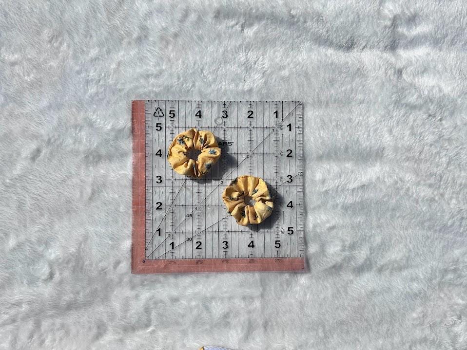 Mini Scrunchie Vintage Yellow Floral with Blue Flowers