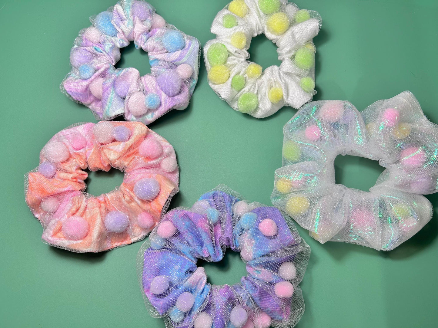 Mesh Pom Pom Scrunchie Purple Swirl