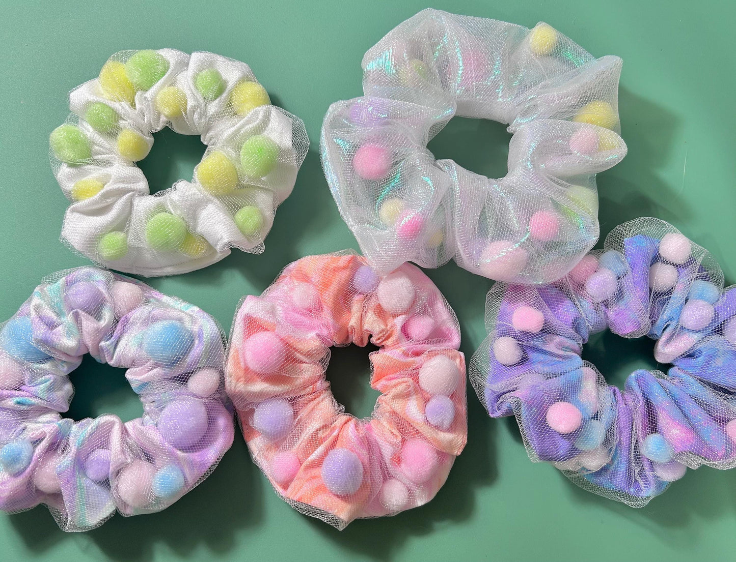 Mesh Pom Pom Scrunchie Purple Galaxy