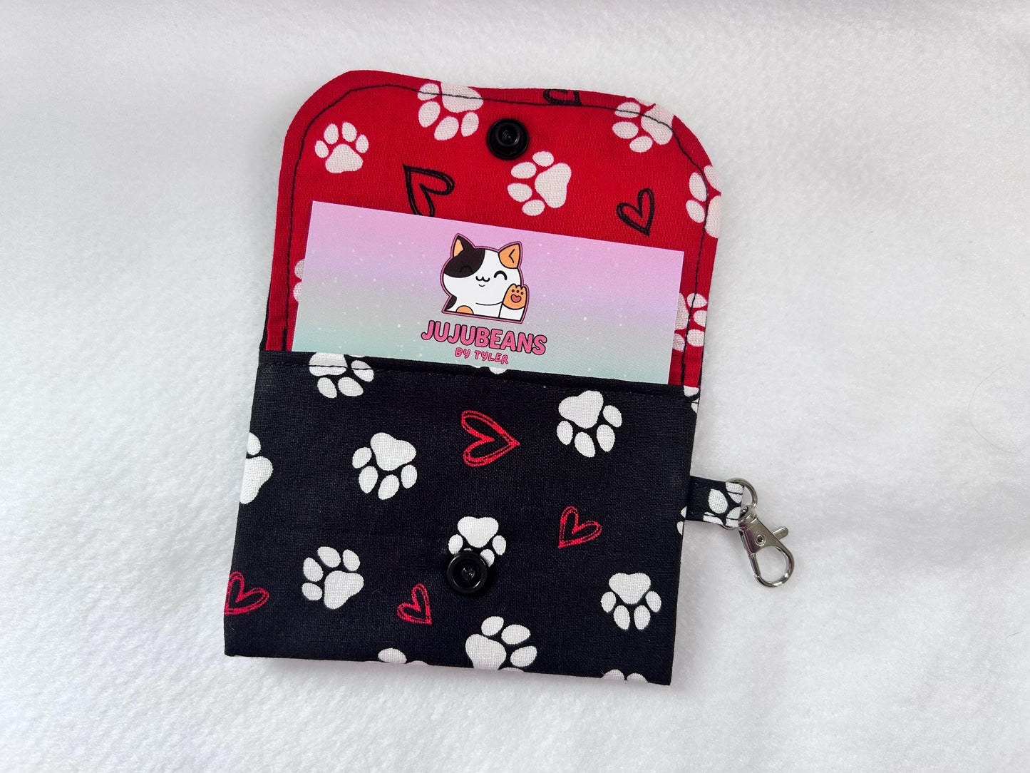 Keychain Wallet Button Snap Black Paw Print Card Holder