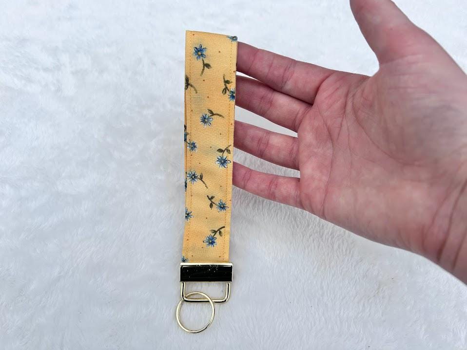 Wristlet Keychain Vintage Yellow Floral with Blue Flowers