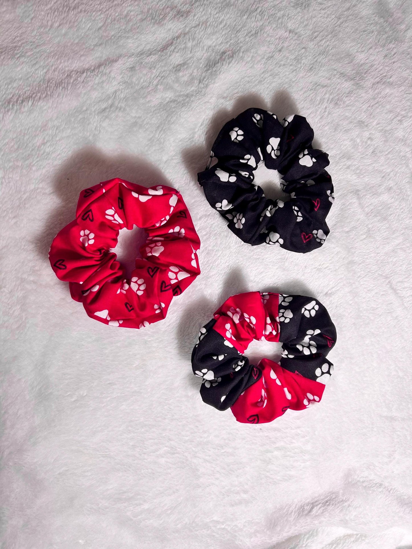Red Paw Print Scrunchie with Hearts