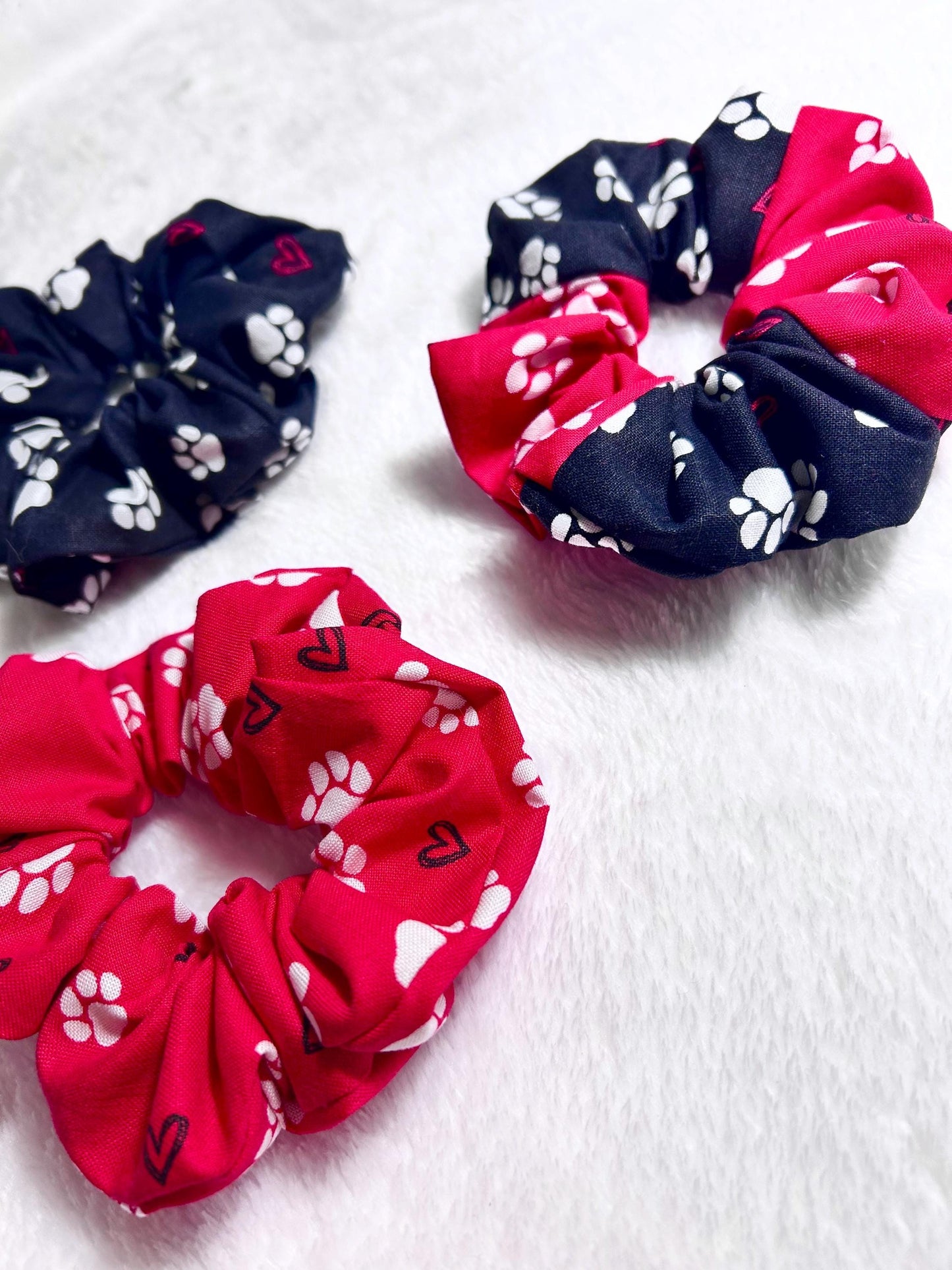 Red Paw Print Scrunchie with Hearts