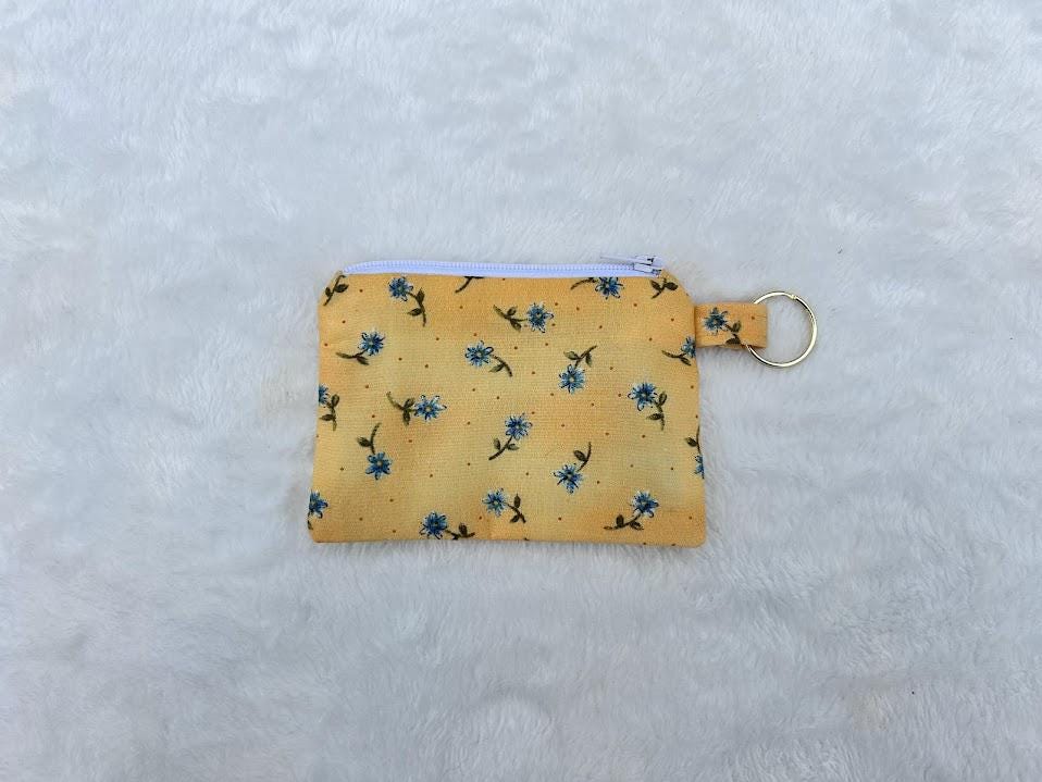Zipper Keychain Wallet Vintage Yellow Floral with Blue Flowers