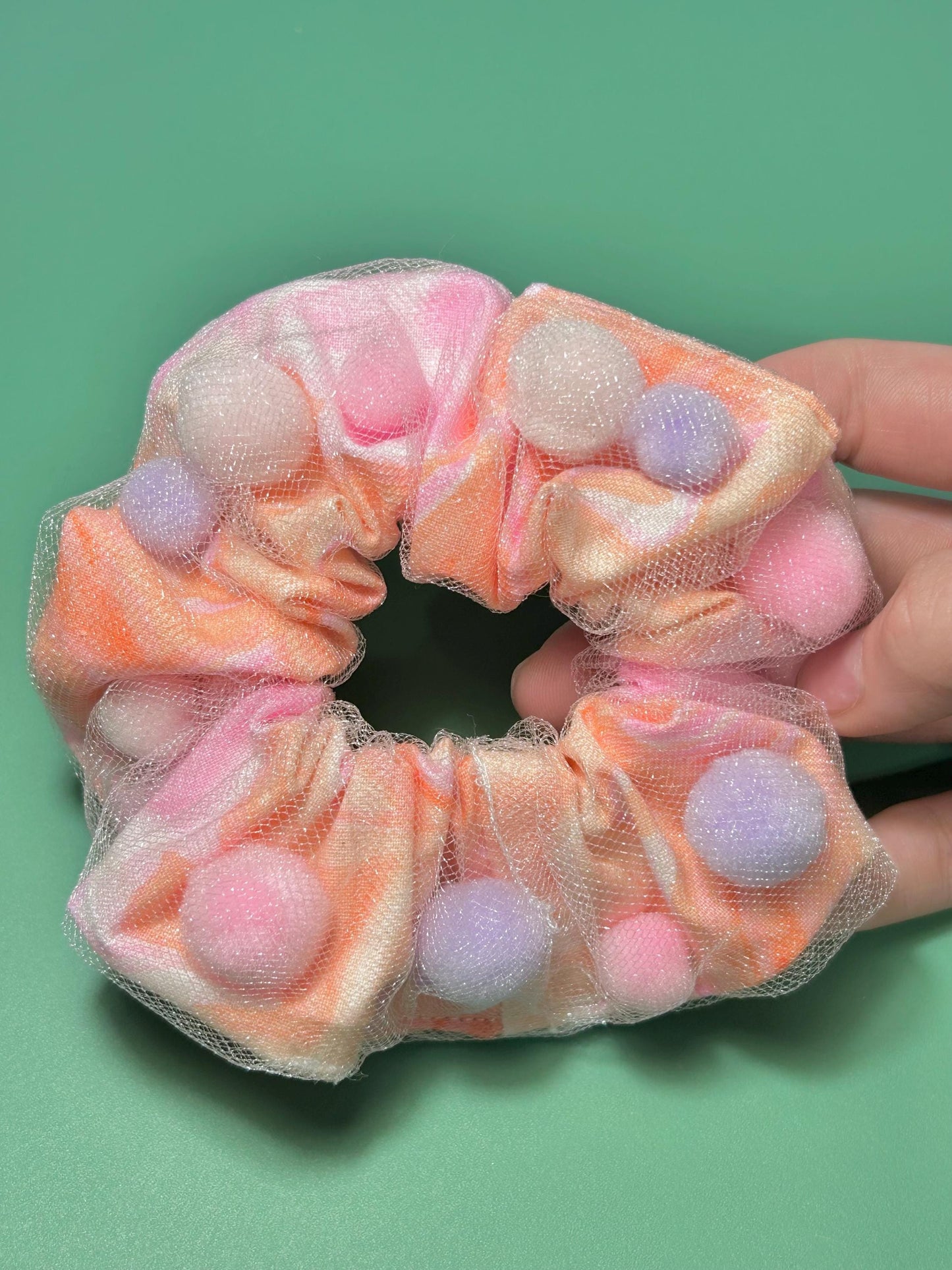 Mesh Pompom Scrunchie Orange Swirl