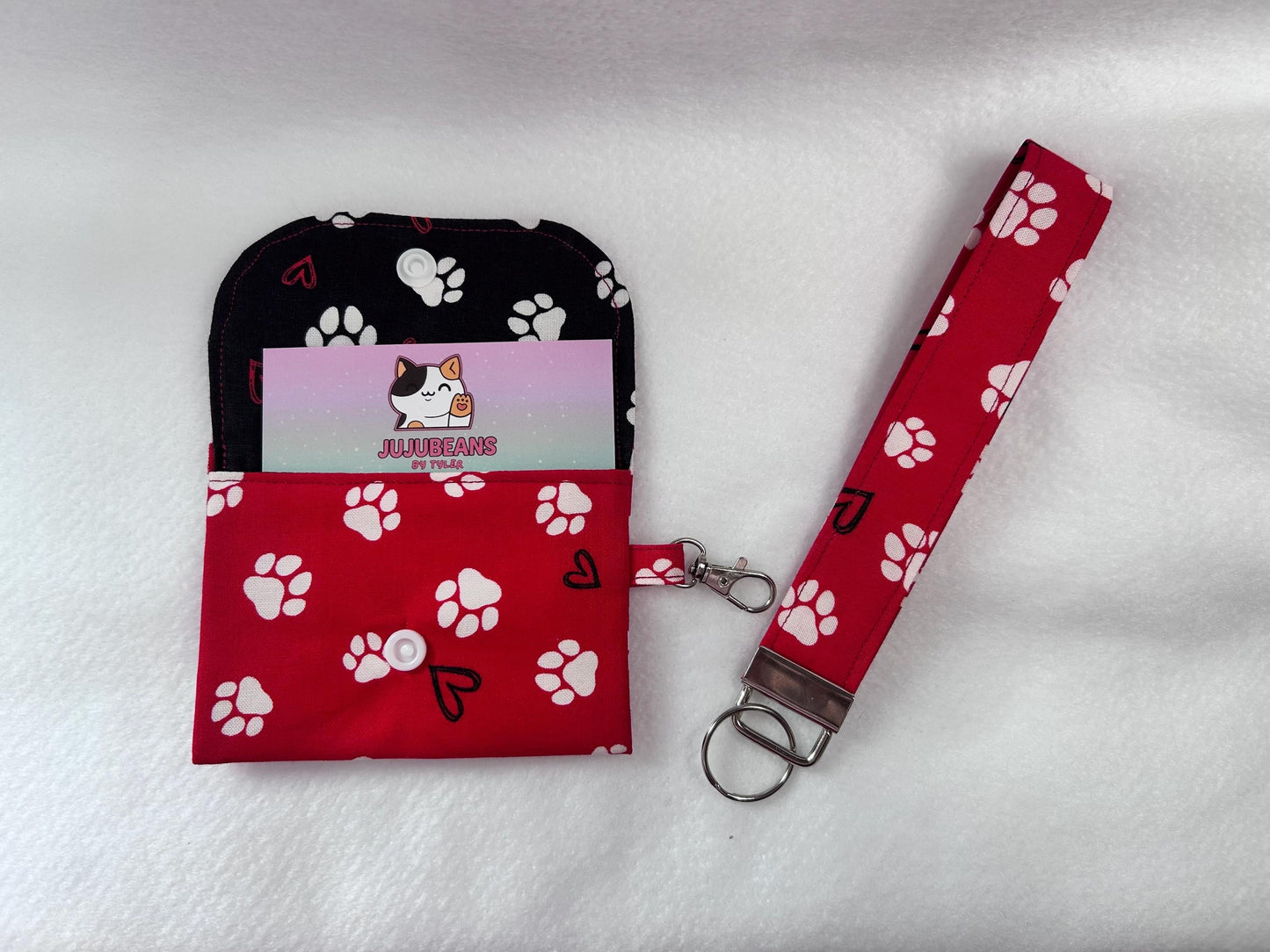 Keychain Wallet Button Snap Red Paw Print Card Holder