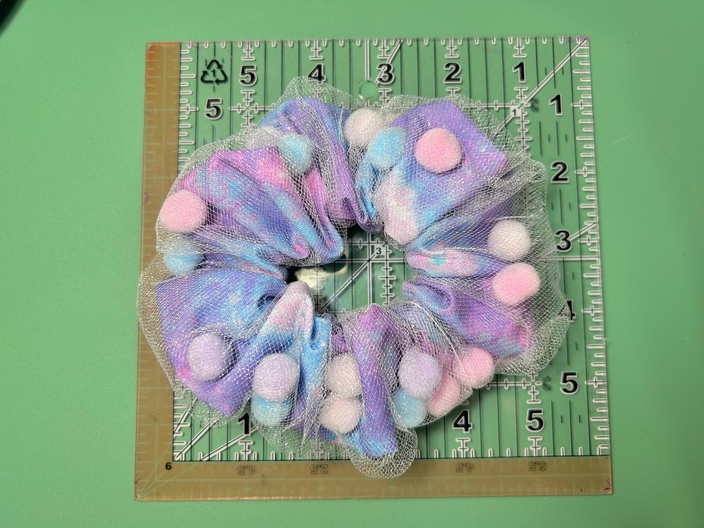 Mesh Pom Pom Scrunchie Purple Galaxy